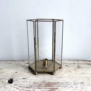 Vintage Brass Glass Hexagon Candle Lantern Hinged Door Hurricane Holder 8.5in